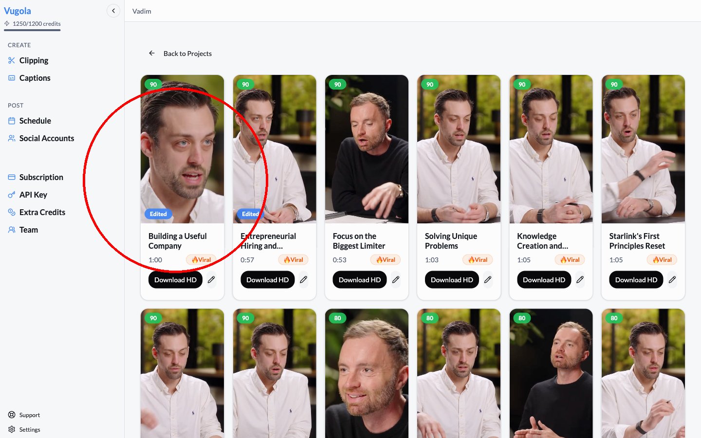 AI-generated clips ranked by viral potential ready to review in Vugola