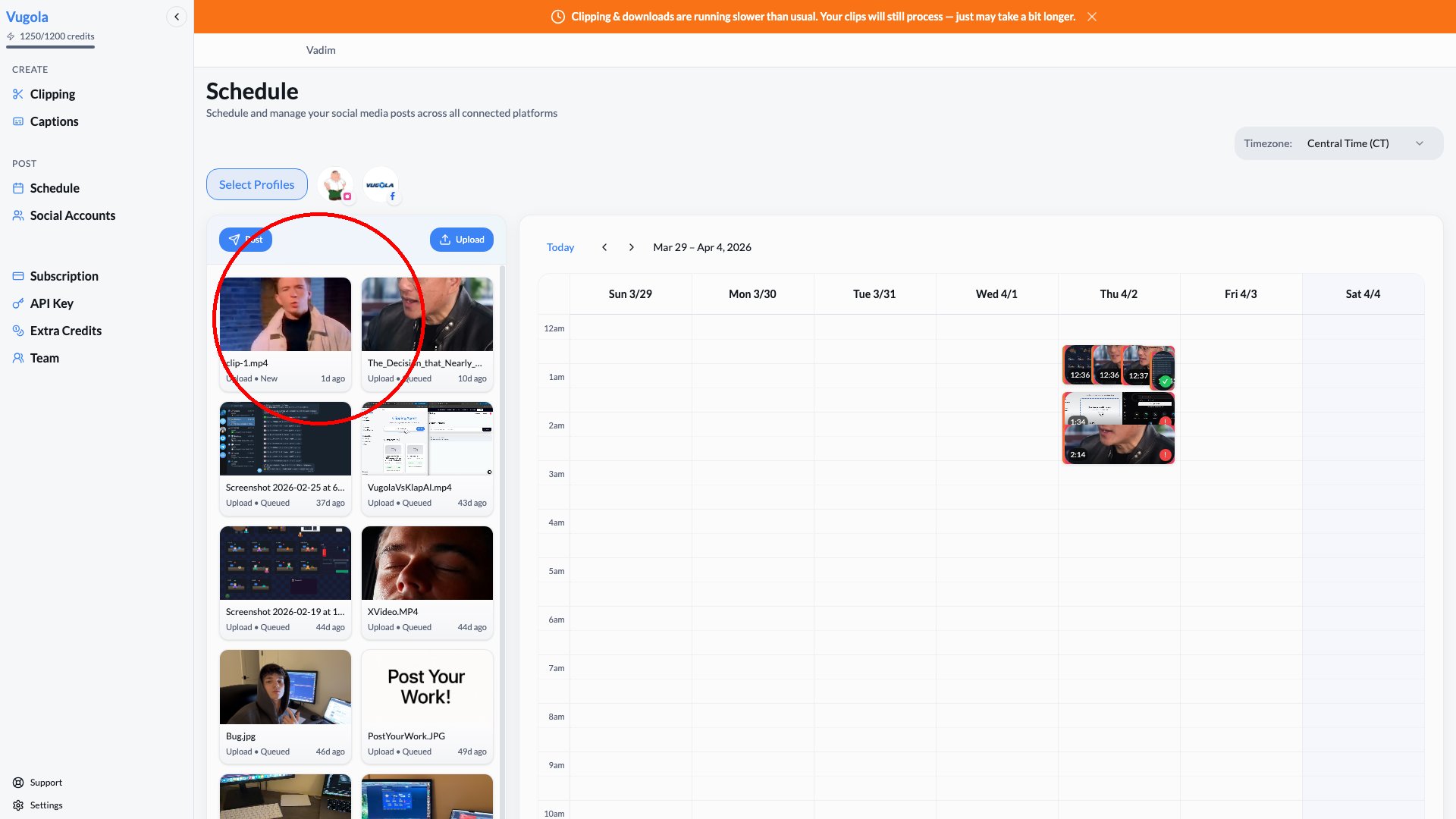 Scheduling clips across 8 social platforms from Vugola dashboard