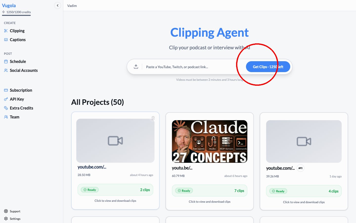 Uploading a video to Vugola AI for automatic clip detection